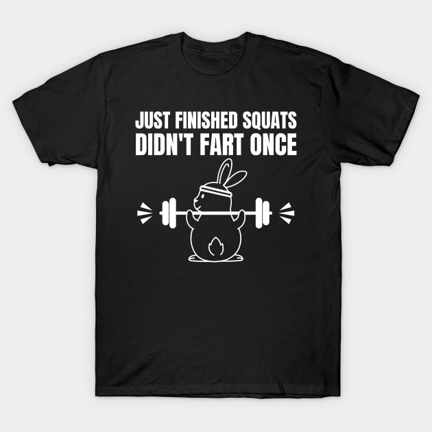 Funny Cute Bunny Workout Motivation Squats Gym Wear T-Shirt by BuddyandPrecious